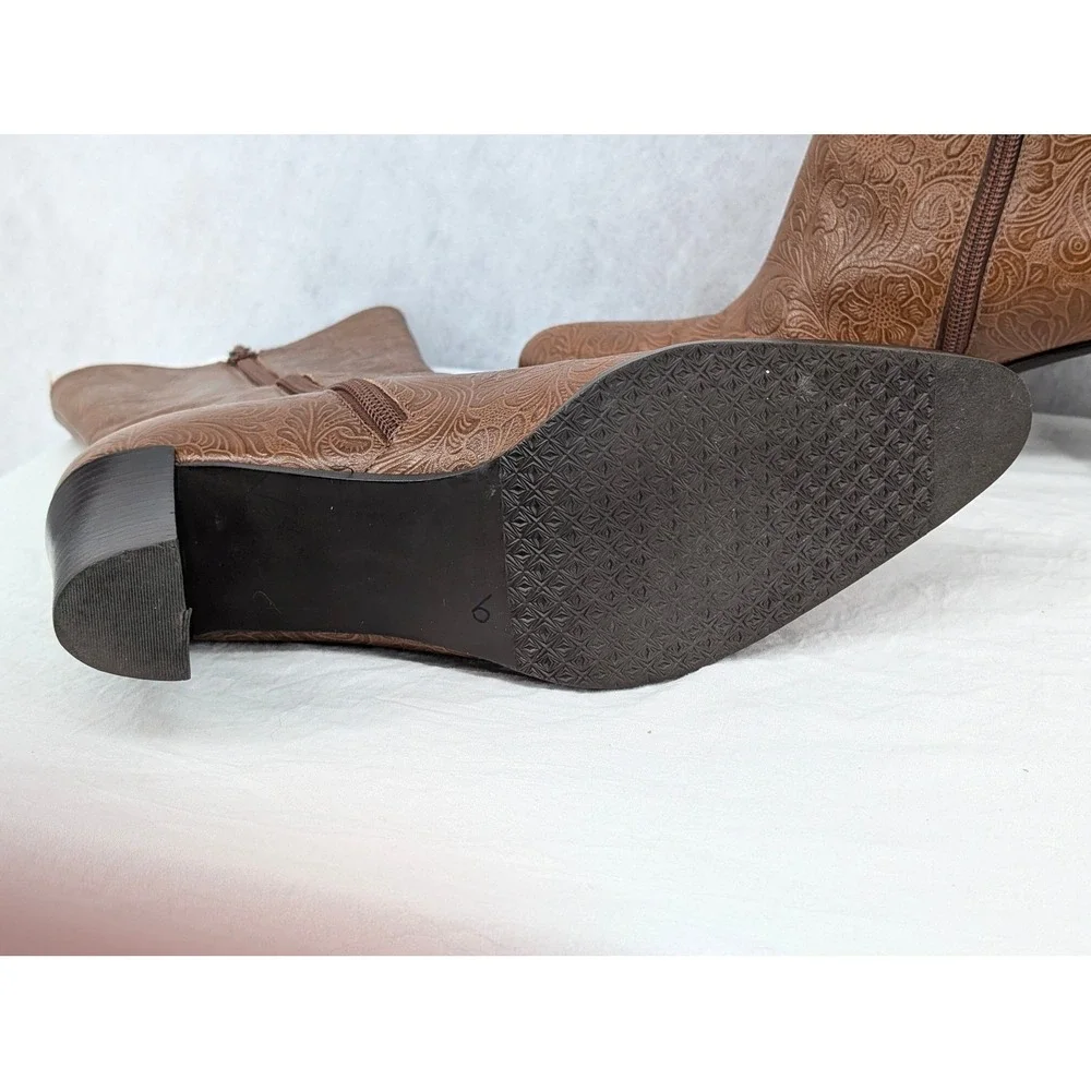 A. Marinelli Archer Brown Tooled Leather Floral Mid Calf Boots 7.5 M Brazil Made - Picture 10 of 11